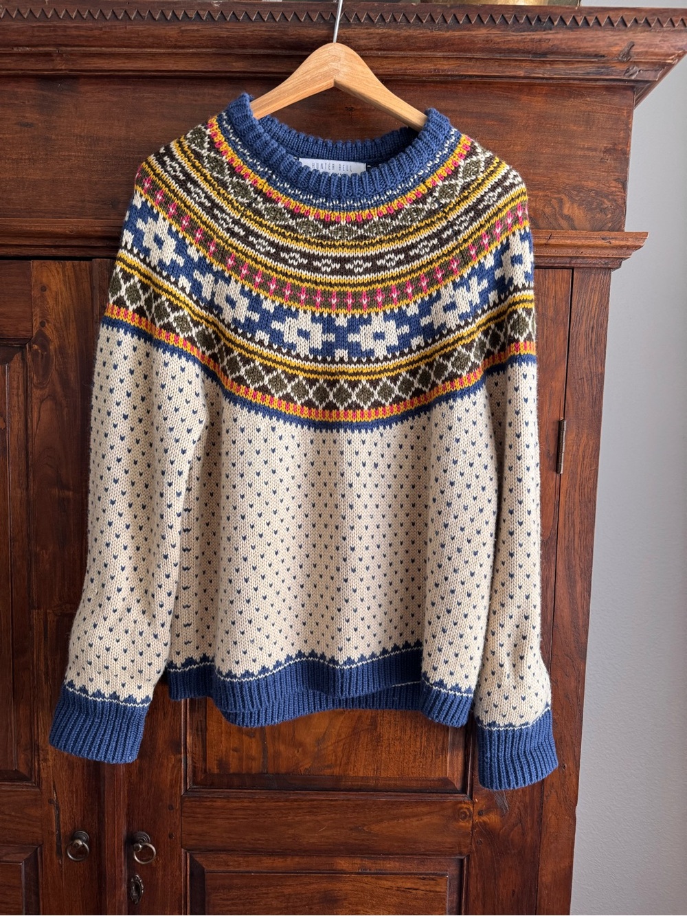 Hunter Bell Josie Fair Isle Wool Blend Crew Neck Sweater Blue Ivory Medium